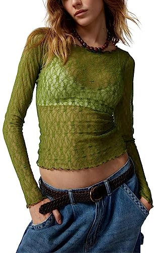 FeMereina Womens Y2K Lace Layering Top Long Sleeve Tops Sheer Mesh Crewneck Floral Embroidery See Through Shirts (Green, S)