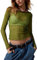 FeMereina Womens Y2K Lace Layering Top Long Sleeve Tops Sheer Mesh Crewneck Floral Embroidery See Through Shirts (Green, S)