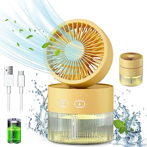 Llzzy Mini Ventilatore Da Scrivania Ventilatore Portatile USB Ricaricabile Ventilatore Da Tavolo Pieghevole Regolabile Con Vento A 3 Velocità, Serbatoio Dell'acqua Da 350 Ml (Giallo)
