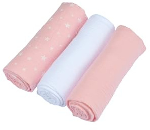 Bébé Douceur, Set mit 3 Mullwindeln, 100% Baumwollgaze, 1 Bedruckt und 2 einfarbig, 70 x 70 cm, Rosa und Weiß