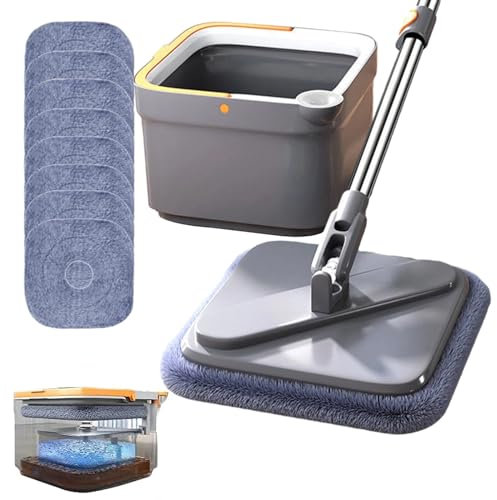 ALINUOYQ Mopa giratoria M16, mopa cuadrada giratoria y cubo con juego de escurridor, fregona retráctil giratoria de 360°, separación de manchas, autolavado, trapeador cuadrado giratorio para uso en