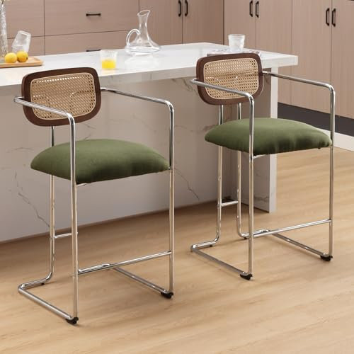 Wahson Taburetes de Bar Moderna Juego de 2 Sillas Altas de Cocina con Patas Aceros,Sillas de Desayuno Respaldo de Ratán con Reposabrazos para Hogar/Restaurante,Verde Lino