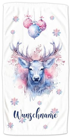 GRAZDesign Handtuch Hirsch Weihnachten mit Namen personalisiert, Weihnachtsmotiv für Kinder und Erwachsende, Badetuch als Geschenk - 140x70cm