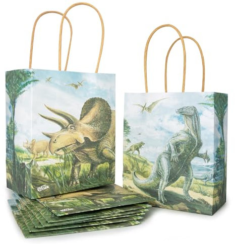 PARTY PARTY 8 Dino Geschenktüten mit Triceratops, Allosaurus, Party Tüte Dino Geburtstag, Kindergeburtstag Dinosaurier Mitgebsel Dinogeburtstag, kleine Geschenke, 15 x 12 cm