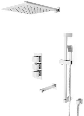 Nes Home Square 3 Way Concealed Thermostatic Shower Mixer Valve, Wall Shower Head, Handset, Slider Rail, Bath Spout Set Chrome