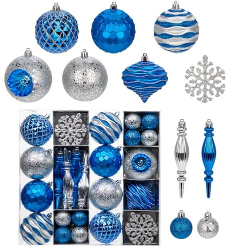 Oairse 50pcs Shatterproof Christmas Baubles Ornaments Set - Blue & Silver Glitter Balls for Christmas Tree Decorations