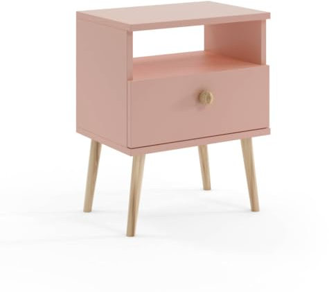 BETTSO - IKON Nachttisch, Nachtschrank mit Holzbeinen - mit Schublade, Ablagefach - Schlafzimmer, Jugendzimmer - Modern, Loft - Kleiner Tisch - Schlafzimmer Möbel, Schrank, Niedrig - Rosa