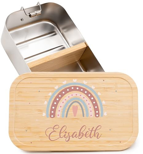 Kidsmood - Personalisierte Brotdose Kinder mit Fächern, Edelstahl Lunchbox mit Bambusdeckel | Schadstoffrei bedruckt, mit niedlichem Tier-Motiv & Namen, Geschenke zur Einschulung Mädchen & Jungen