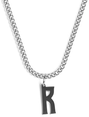 Initial Buchstabe Kette mit Anhänger für Herren und Damen - Streetwear Cuban Halskette mit Letter Initial Anhänger aus 316L Edelstahl in Silber - Wasserfeste Kette - 50-55cm Länge verstellbar (R)