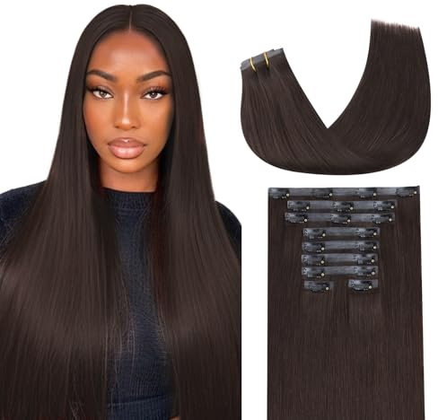 Lashey Clip in Extensions Echthaar 150g 9 Stück #2 Dunkel Braun Nahtlose Clip in Haarverlängerung Glatt Remy Menschliches Haar with PU Wefts 50cm(20 Zoll)