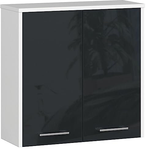 3E 3xE living.com Hängender Badezimmerschrank: Zwei Türen, Zwei Einlegeböden, Farbe: weiß | glänzendes Graphit, A: B: 60 cm, H: 60 cm, T: 22,5 cm.
