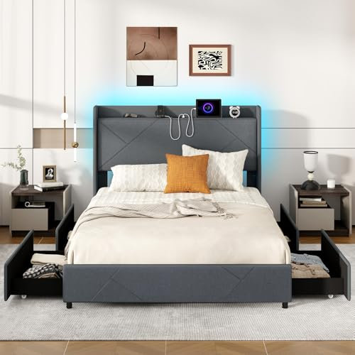COSTWAY 4FT6 Double/5FT King Size Bed Frame with RGB LED Lights, Charging Station, Storage Headboard and 4 Underbed Drawers, Modern Platform Bed Frame Slat Support Mattress Base (King 5FT)