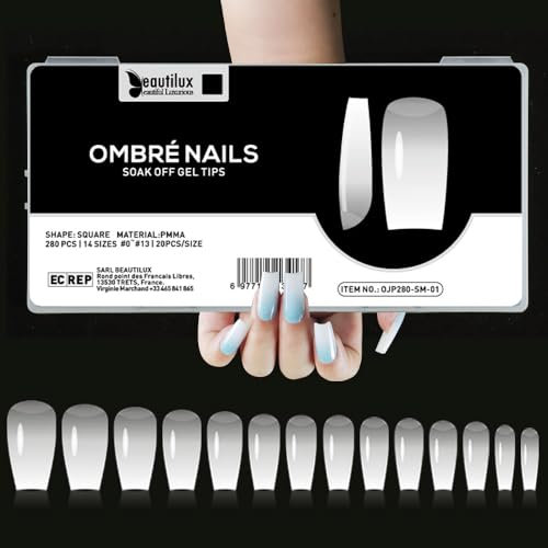 Beautilux Ombre Faux Ongles Blanc Medium Square Press on Ongles 280 Pièces 14 Tailles, Soak Off Faux Ongles Pose Americaine Pour Manucures à Domicile