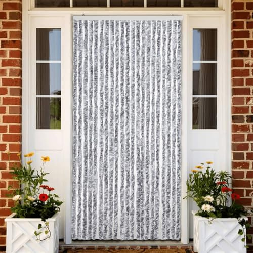 Sufrk Moustiquaire blanche et grise 90 x 200 cm chenille-rideau en ratine, protection parfaite contre les insectes et les regards indiscrets pour la porte du balcon et de la terrasse