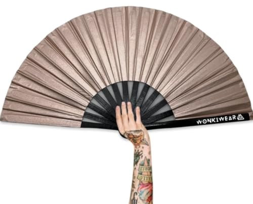 WONKIWEAR Fan, Folding Handheld, Luxury Shimmer Rose Gold Glittery, Large Strong Black Bamboo. Unisex for Rave, Festival, Concert, Drag, Gay Pride (Rose Gold Shimmer, Large)