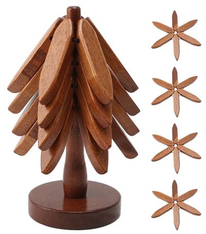 Wooden Trivets for Hot Dishes, Tree Shape Trivet Set, 4pcs Walnut Wood + 1 Stand, Foldable Kitchen Wooden Trivet,for Hot Dishes,Pot, Bowl, Teapot, Hot Pot Holder, 10 x 10 cm