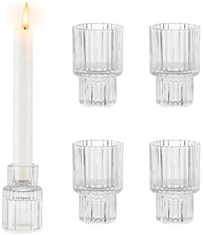 HUANR 4 Stück Stabkerzenhalter Glas, Transparentes Glas Kerzenhalter, Dual Purpose Kerzenhalter Stabkerzen, Vertikales Streifendesign, für Zuhause, Party, Dekoration