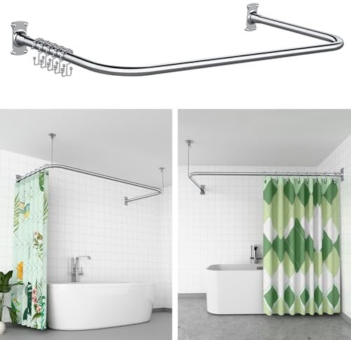 KULACO Duschvorhangstange U Form/L Form, [80-90]×[160-180]×[80-90] Duschstange Ecke aus SUS304 Edelstahl, Verstellbare Duschvorhangschiene mit Deckenhalter inkl. 22 Duschvorhangringen für Badezimmer