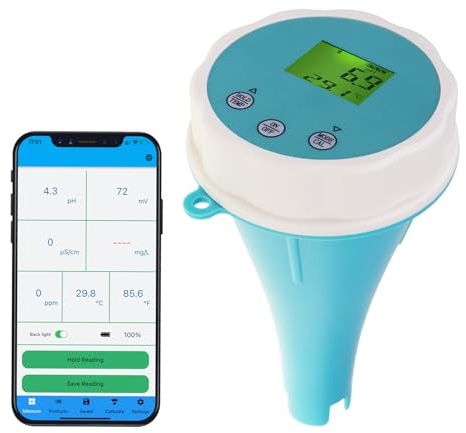 6-in-1 Digitaler schwimmender Wassermonitor mit Bluetooth | Echtzeit pH-, EC-, ORP-, Chlor-, Salzgehalt- und Temperaturtests | 1000 Datensätze, wasserdicht IP67, 24-Stunden-Überwachung
