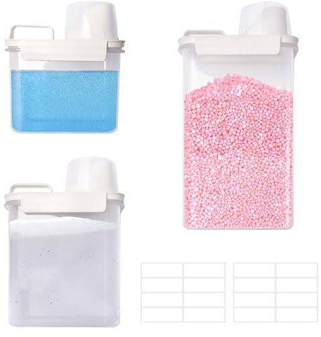 Bofanze 3 Pièces Distributeur Lessive Liquide Hermétique 2,5 L 1,8L 1,3L Rangement Lessive Multi-usages avec Verre Doseur et Étiquette Boîte de Rangement de Poudre à Laver, de Céréales Sucre Muesli