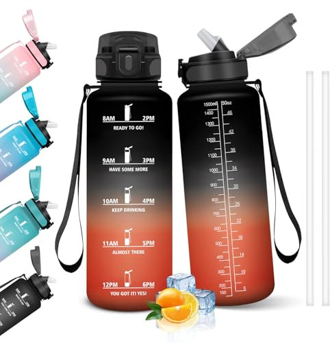 HoneyHolly Botella Agua, 1.5L Botella Agua Gimnasio con Pajita, Botella de Agua, con Marcador de Tiempo, Botella de Agua Deportiva, Prueba de Fugas, Cantimplora para Escuela, Senderismo, Fitness