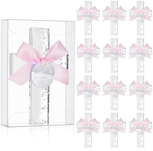 Chunful 12 Sets Taufgeschenke für Gäste, rosa, silberfarben | Kreuz Magnet mit Etikett Acryl Box, Erstkommunion Christliches Ostergeschenk für Taufe, Babyparty, Familientreffen