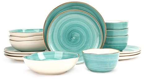 Home VSS Highland 16-Piece Dinnerware Set Service for 4, Organic Shape Stoneware Plates and Bowls Set, Scratch Resistant, Microwave and Dishwasher Safe, Speckled Effect Handcrafted, Swirl Turquoise