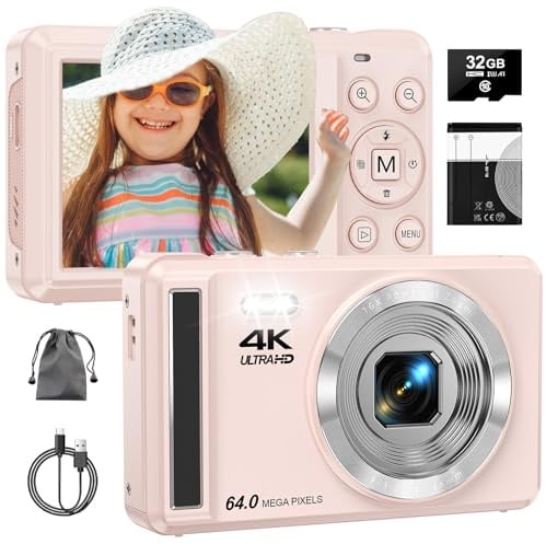 Digitalkamera 4K 64 MP mit Autofokus | Tragbare Kompaktkamera mit 32 GB TF-Karte, 1200mAh Batterie und USB-Kabel | Ideal für Teenager und Anfänger