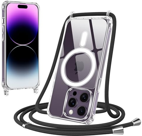 Jrkvniv Magnétique Coque pour iPhone 14 Pro Max avec Cordon, Compatible avec MagSafe Transparent Réglable Lanyard Necklace Case, Mince Souple Silicone TPU Antichoc Housse pour iPhone 14 Pro Max, Noir