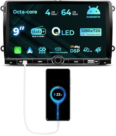 NVGOTEV [4+64GB] Autoradio per VW Golf Passat Touran Seat Skoda, radio da 9 pollici con DAB WiFi 4G Bluetooth Wireless Carplay/Android auto GPS Navi DSP FM AM RDS SWC