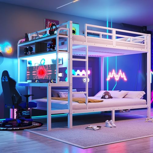Merax Etagenbett 140x200 cm aus Metall, Hochbett mit Schreibtisch und Rausfallschutz, Stockbett mit Ablagefach, LED&USB-Anschluss, Jugendbett Bettgestell (ohne Matratze) für Kinder/Erwachsene, Weiß