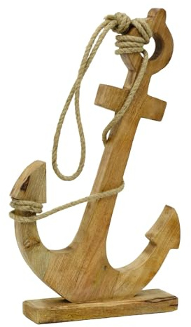 Carousel Home Large Wooden Ships Anchor Ornament on Stand, 51cm | Rustic Nautical, Jute Rope, Coastal Home Decor, Beach Style Interiors
