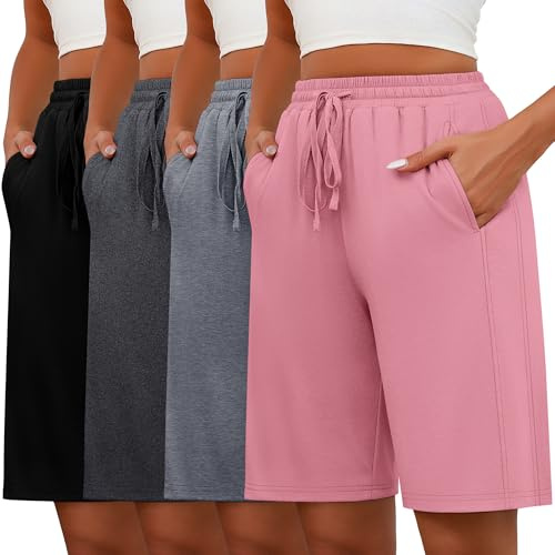 Geyoga 4 Pack Bermuda Shorts for Women Drawstring Elastic Waist Sweat Casual Wide Leg Long Shorts(Black, Dark Gray, Light Gray, Pink,XX-Large)