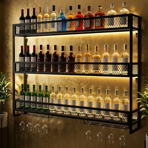 YUZINO Weinregal Wand mit Glashalter, 3-stöckig Metall Wandmontage Wine Display-Ständer, Weinflasche Glasregal, Hängend Flaschenregal für Küche, Esszimmer, Bar (Schwarz 100×15×90 cm)
