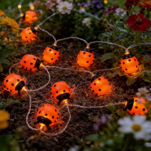 Kaleora Marienkäfer Lichterkette, 1,5 Meter 10 LED Marienkäfer-Lichterketten Batteriebetrieben, Dekorative Beleuchtung für Kinderzimmer, Mädchenzimmer, Frühling, Hawaii Party Deko