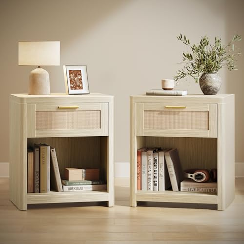 VASAGLE Nachttisch 2er Set, Beistelltisch mit Schublade in Rattan-Optik | Boho-Stil, mit offenem Fach, abgerundeten Ecken, für Schlafzimmer neben dem Bett, naturbeige, ELLAN Kollektion LET818LC01