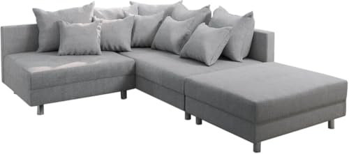 DELIFE Eckcouch Clovis Grau Flachgewebe mit Hocker Ottomane Rechts Ecksofa