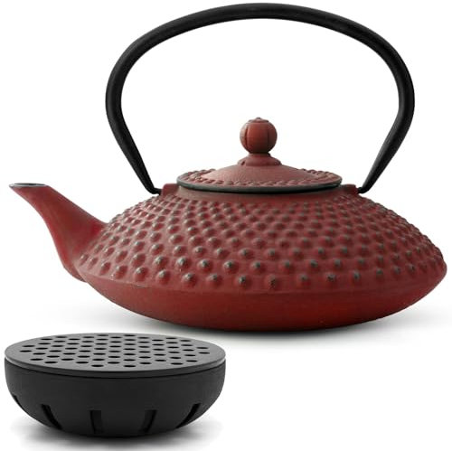 Teekanne asiatisch Gusseisen Set 1.25 Liter rot Teekessel mit Henkel & Edelstahl Tee-Filter Sieb-Einsatz & gusseisernen Stövchen