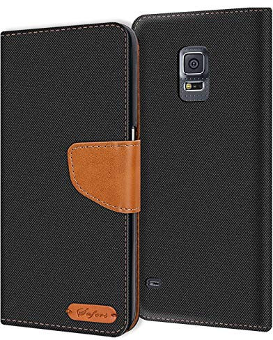 Verco für Galaxy S5 Hülle, Schutzhülle für Samsung Galaxy S5 Neo Tasche Denim Textil Book Case Flip Case Klapphülle, Schwarz