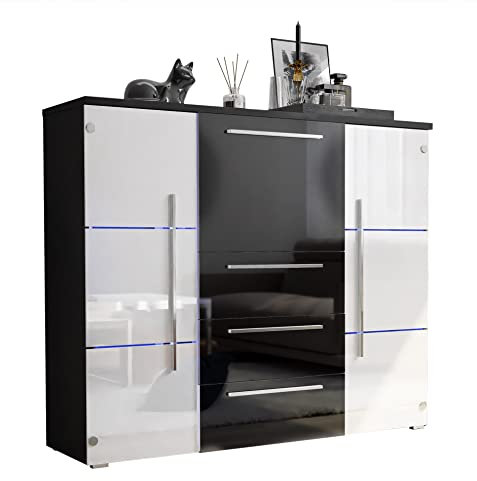 lukmebel Kommode BARI Hochglanz mit Schubladen und Barfach Wohnzimmer Wohnzimmerschrank LED kostenlos HG Highboard Sideboard Schrank Schlafzimmer Schrank Mehrzweckschrank (Schwarz/Schwarz + Weiß)