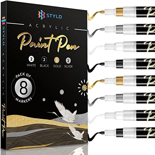 Stylo 8 Stück Metallic Marker Stifte Set – Weiß, Schwarz, Gold und Silber, Permanente Acrylmarker, Stift für Glas, Keramik, Steinmalerei, Kunsthandwerk für Erwachsene