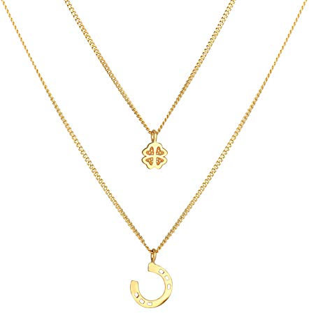 Damen Halskette Layer Silber mit Kleeblatt (6 mm) und Hufeisen Symbol (10 mm), zweireihige Kette mit Glücksanhänger aus 925 Sterling Silber vergoldet, Goldene Glückskette für Frauen und Mädchen