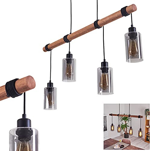HOFSTEIN Pendelleuchte Hunouri, Deckenlampe aus Metall schwarz und Holz, Vintage Look, Zimmerlampe mit Rauchglasschirmen 4-flammig, 4 x E27, Höhe beliebig verstellbar bis max. 184 cm