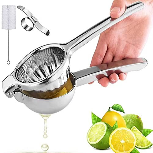 JeQucis Manuelle Zitronenpresse 304 Edelstahl - Premium Zitruspresse für Zitronen und Orangen - Geschenk mit Edelstahlring Orangenschäler und Reinigungsbürste