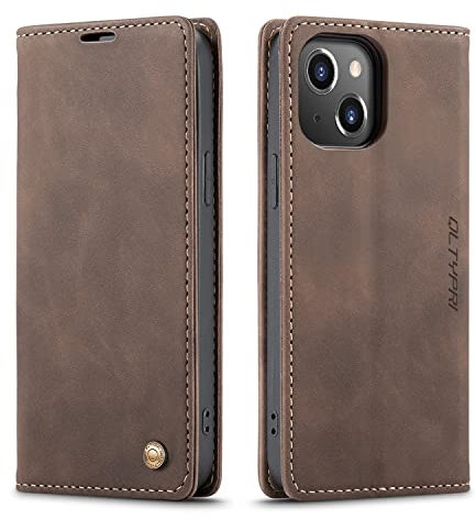 QLTYPRI Case for iPhone 13, Vintage PU Leather Wallet Case Card Slot Kickstand Magnetic Flip Folio Book Case Cover for iPhone 13 - Coffee Brown