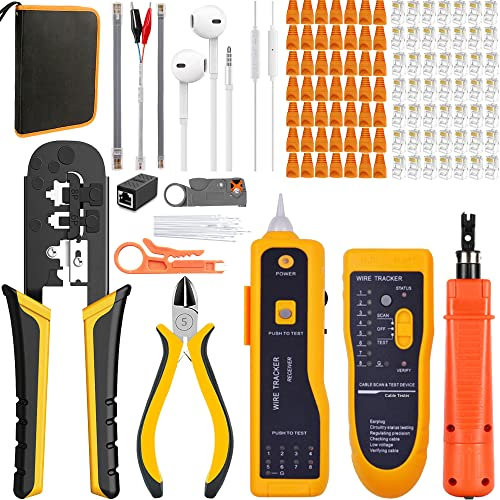 MAYLINEE Crimpzange RJ45 CAT5 CAT6 Kabel Tester Reparatur Netzwerk Werkzeuge Set, Abisolier Koax Crimper Stecker Crimpen, Punch Down RJ11 Wartung LAN Stripper(Schwarz)