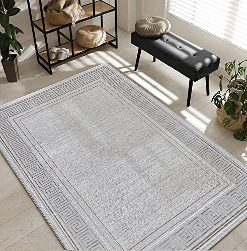the carpet Mila moderner Teppich Wohnzimmer, elegant glänzender Kurzflor Wohnzimmerteppich in Grau mit Gold Silber Bordüre, Teppich 160 x 230 cm