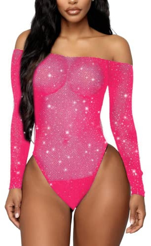 RSLOVE Body da Donna Sexy Lingerie A Rete Completo Intimo in Pizzo Camicia da Notte Trasparente Rosa