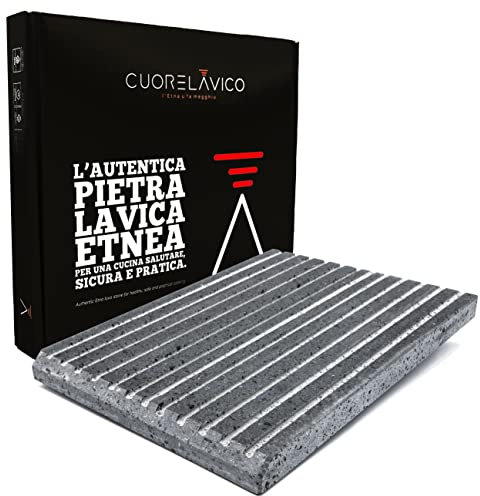 Grillplatte aus Lavastein, 39 x 30 x 3 cm mit Fettauffangrinne, Schamottstein, natürlich, bester Grillstein, ideal für Fisch- und Gemüsefleisch, auch für Pizza. Made in Italy