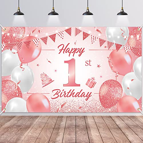 BTZO Happy 1st Birthday Decorations - Rose Gold Pink Newborn Girls Boys First Birthday Backdrop Photography Background Baby Shower Banner